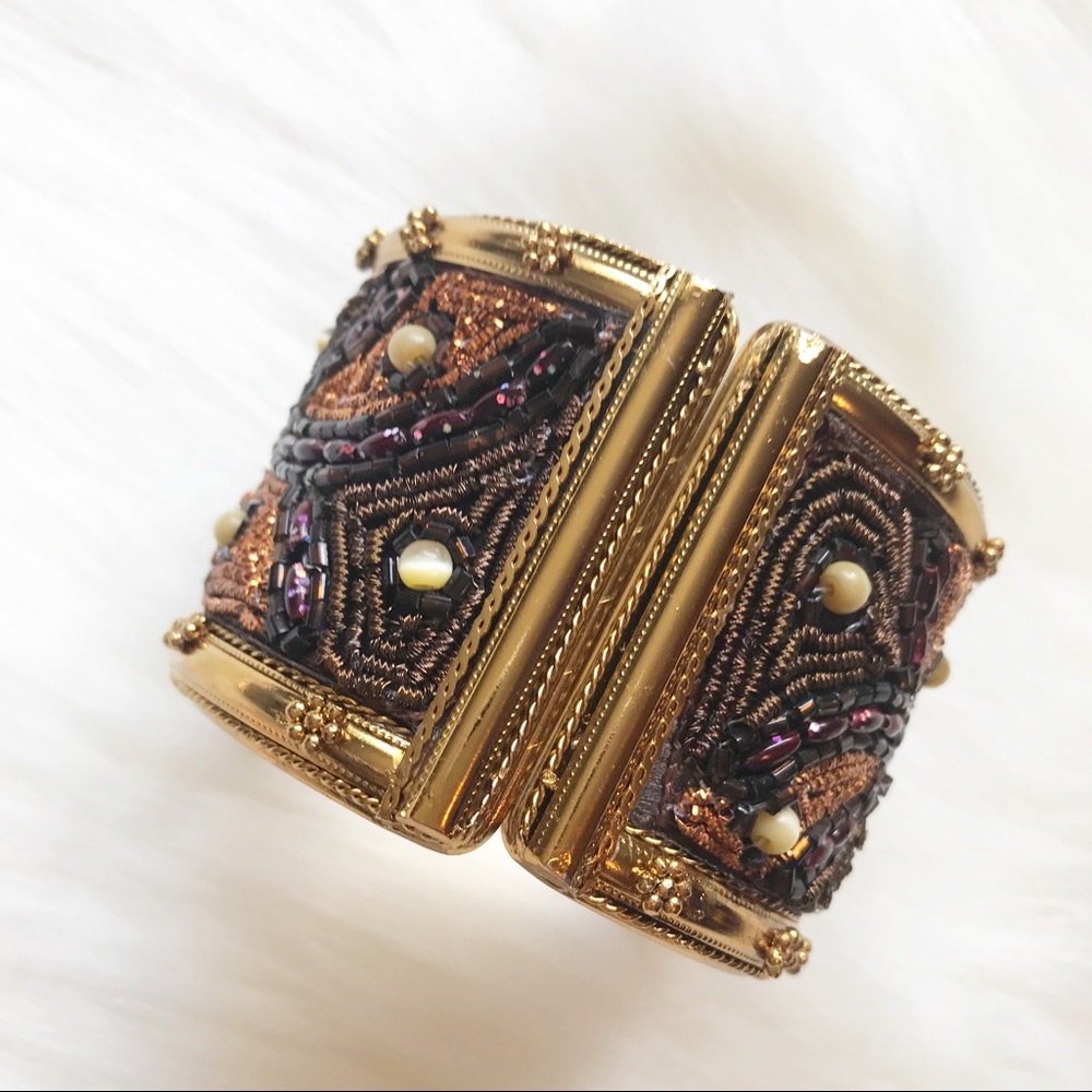 Gold Tone ⚜️ Stitch & Beaded Cuff Bracelet